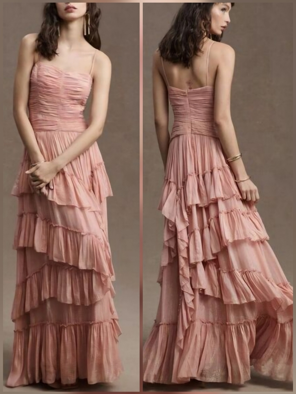 NWT BHLDN X Anthro Metallic Pink Asymmetic Ruffled Drop Waiste Jessa Gown